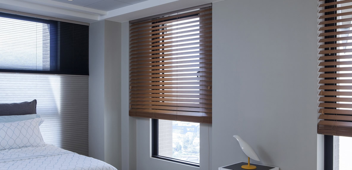 Wood blinds in Spokane bedroom - Washington